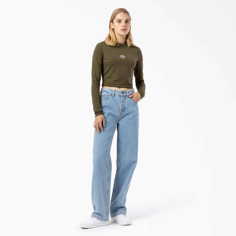 Women's Dickies Maple Valley Logo Long Sleeve Cropped T-Shirt Green | 048593ROZ