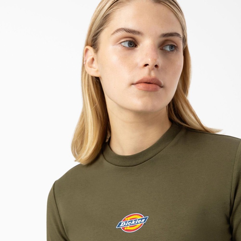 Women's Dickies Maple Valley Logo Long Sleeve Cropped T-Shirt Green | 048593ROZ