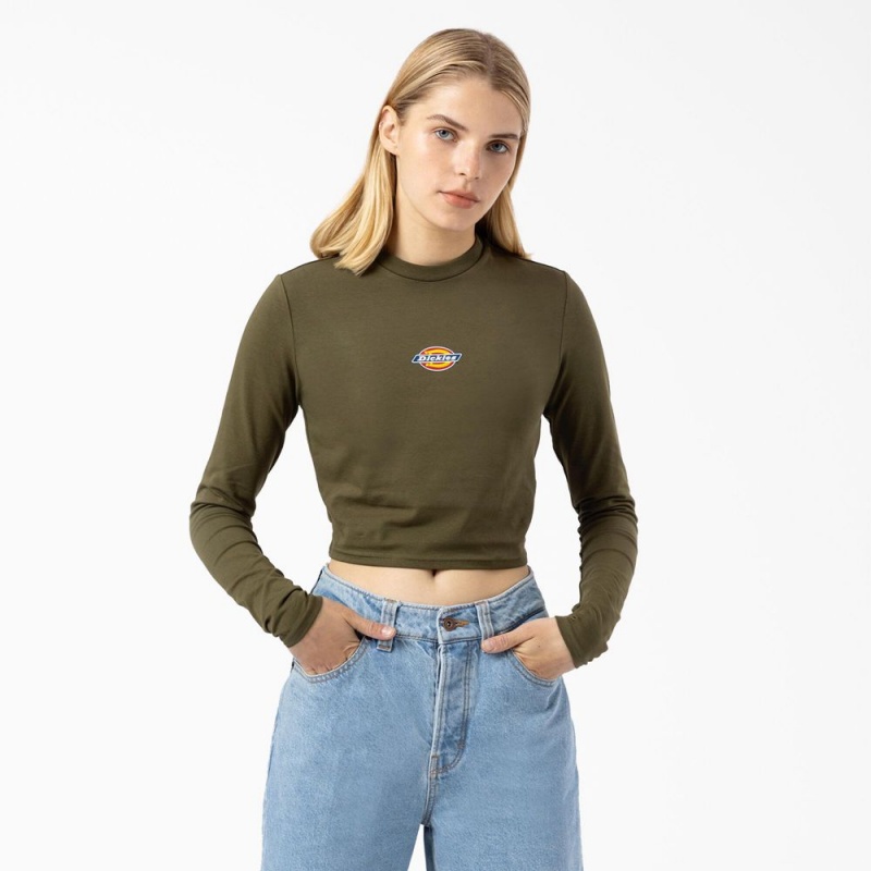 Women\'s Dickies Maple Valley Logo Long Sleeve Cropped T-Shirt Green | 048593ROZ