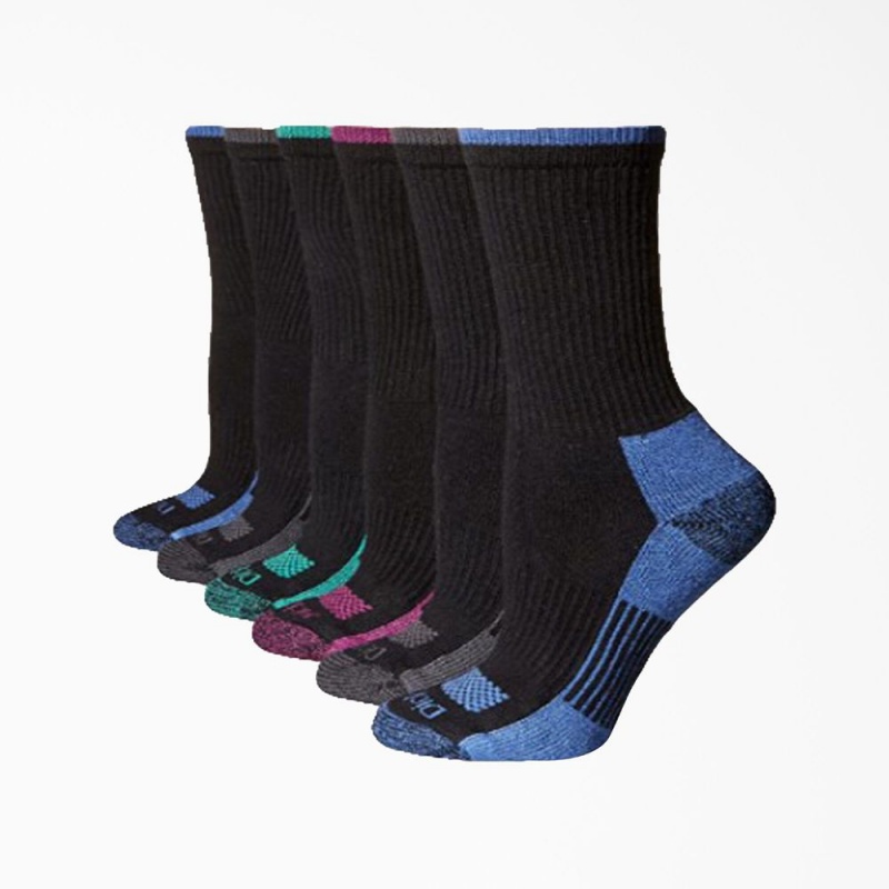 Women\'s Dickies Moisture Control Crew 6-Pack Socks Black | 108954TKF