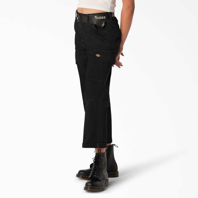 Women's Dickies Relaxed Fit Contrast Stitch Cropped Cargo Pants Black | 638702XJF