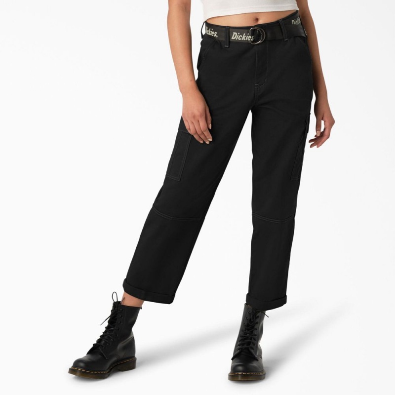 Women\'s Dickies Relaxed Fit Contrast Stitch Cropped Cargo Pants Black | 638702XJF