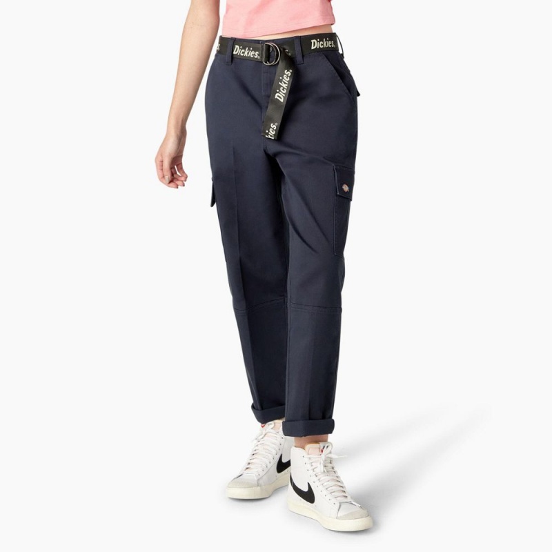 Women\'s Dickies Relaxed Fit Contrast Stitch Cropped Cargo Pants Navy | 513742ZOE