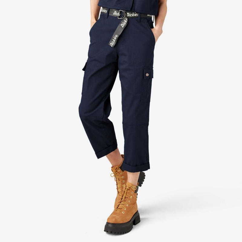 Women's Dickies Relaxed Fit Cropped Cargo Pants Navy | 179638FLZ