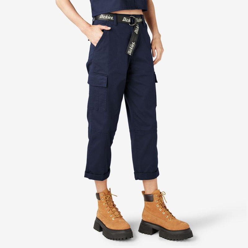 Women's Dickies Relaxed Fit Cropped Cargo Pants Navy | 179638FLZ