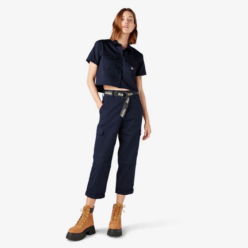 Women's Dickies Relaxed Fit Cropped Cargo Pants Navy | 179638FLZ