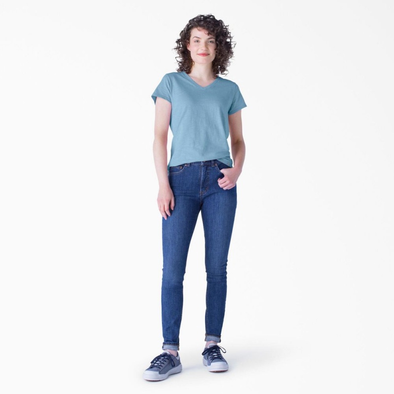 Women's Dickies Short Sleeve V-Neck T-Shirt Blue | 012958DGY