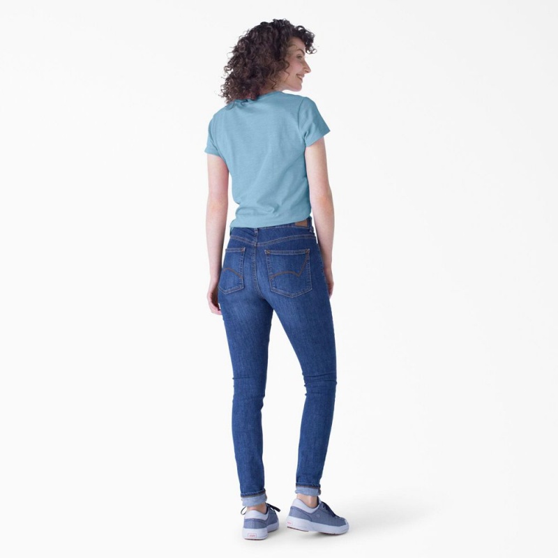 Women's Dickies Short Sleeve V-Neck T-Shirt Blue | 012958DGY