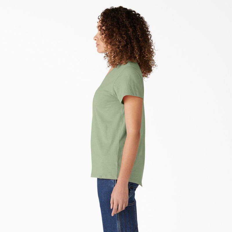 Women's Dickies Short Sleeve V-Neck T-Shirt Green | 259136RBF