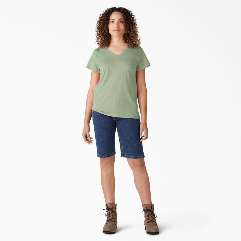 Women's Dickies Short Sleeve V-Neck T-Shirt Green | 259136RBF