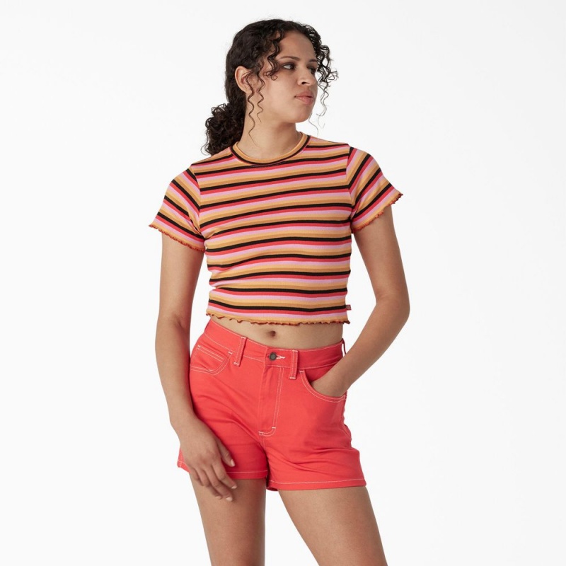 Women\'s Dickies Striped Cropped Baby T-Shirt Orange | 769415KBX