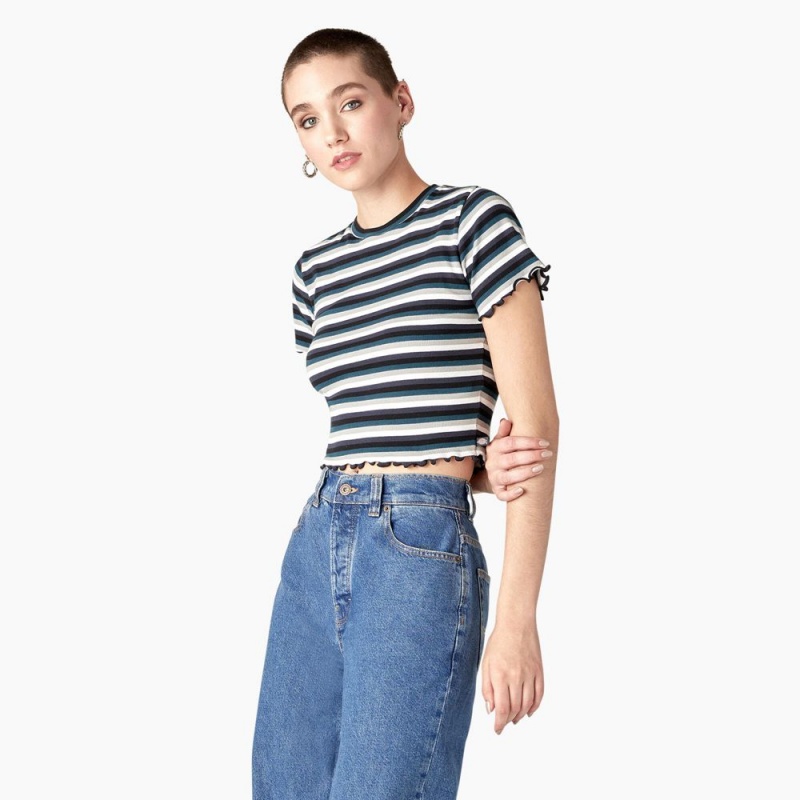 Women's Dickies Striped Cropped Baby T-Shirt Black | 143659URW