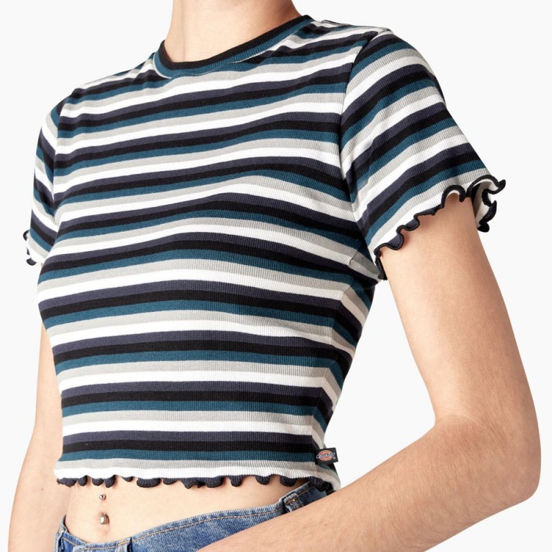 Women's Dickies Striped Cropped Baby T-Shirt Black | 143659URW