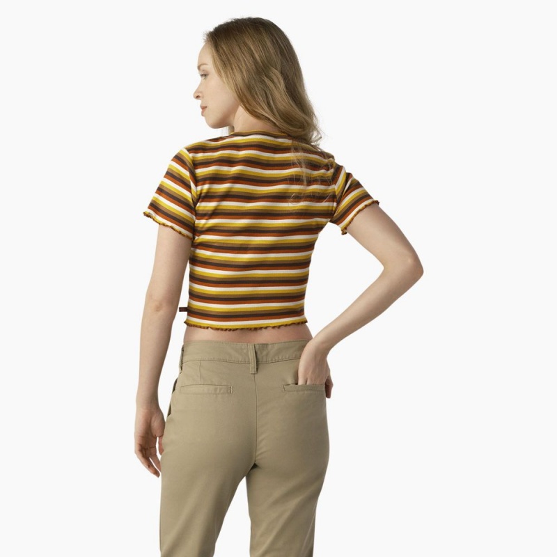 Women's Dickies Striped Cropped Baby T-Shirt Yellow | 418056MHK