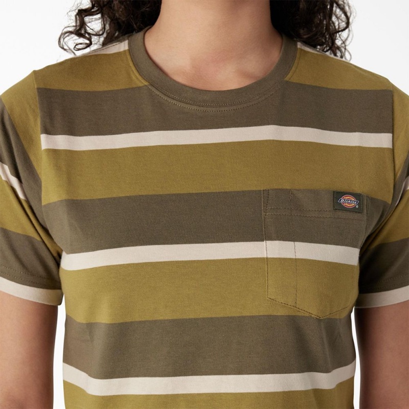 Women's Dickies Striped Cropped Pocket T-Shirt Green | 748932ONL