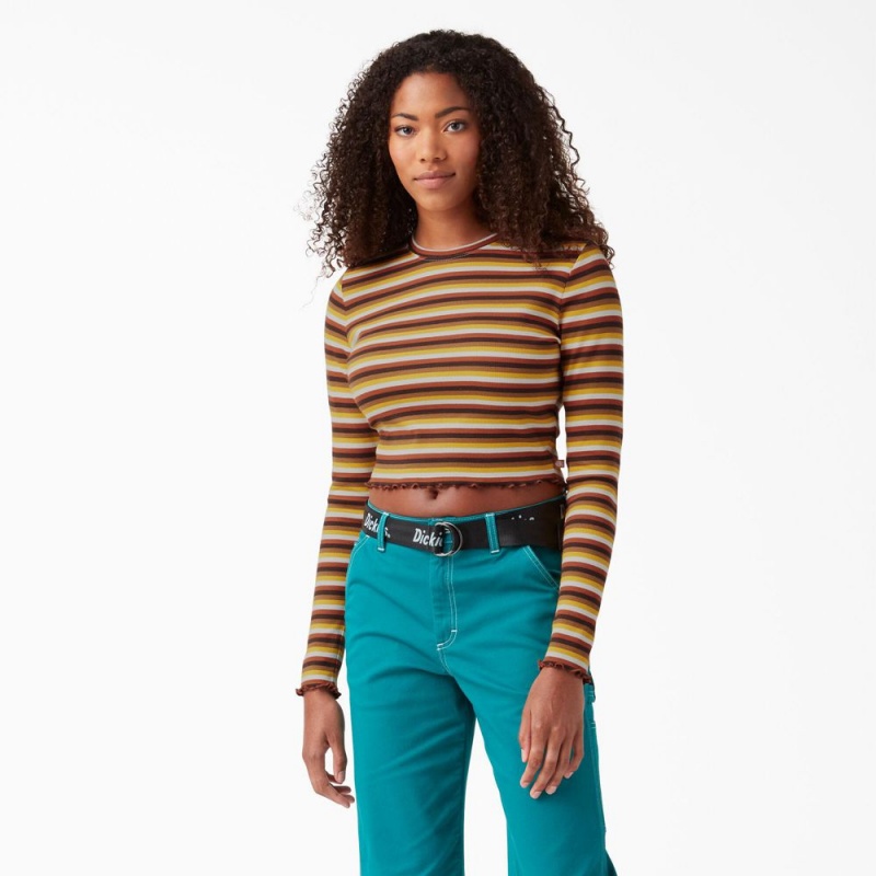 Women\'s Dickies Striped Long Sleeve Cropped T-Shirt Yellow | 917243EXR