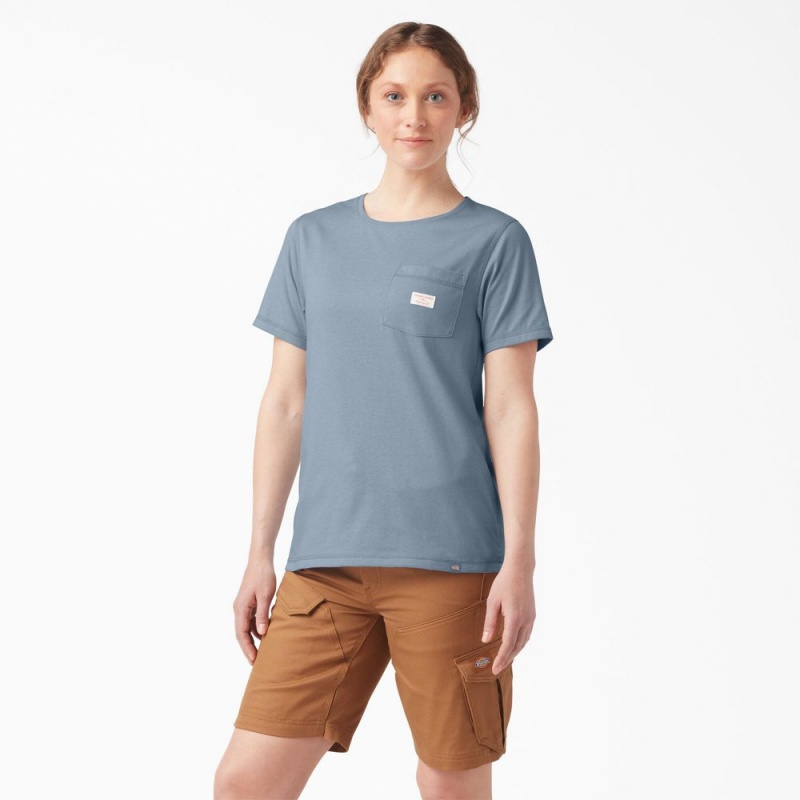 Women's Dickies Traeger x Pocket T-Shirt Blue | 463250MOV