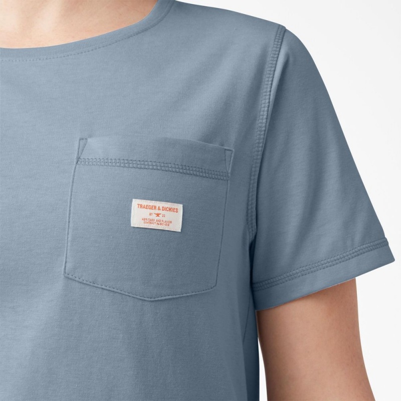 Women's Dickies Traeger x Pocket T-Shirt Blue | 463250MOV