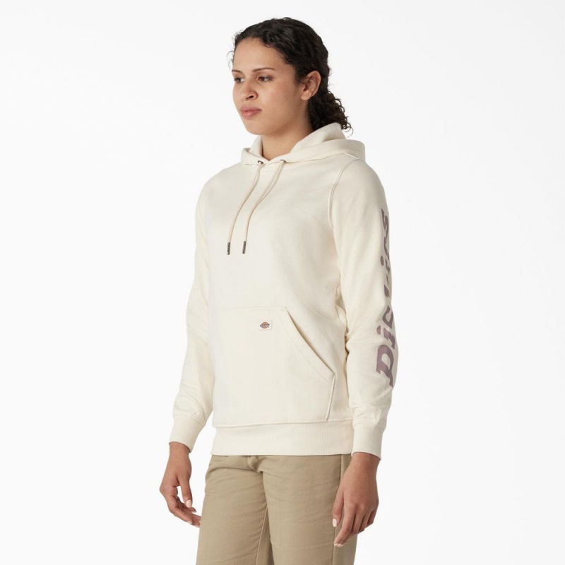 Women's Dickies Water Repellent Sleeve Logo Hoodie White | 082714BXR