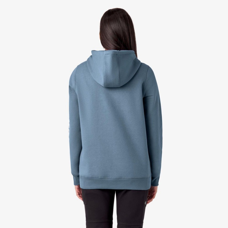 Women's Dickies Water Repellent Sleeve Logo Hoodie Blue | 681703VDG