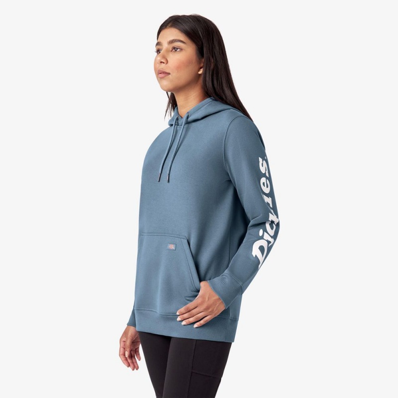 Women's Dickies Water Repellent Sleeve Logo Hoodie Blue | 681703VDG