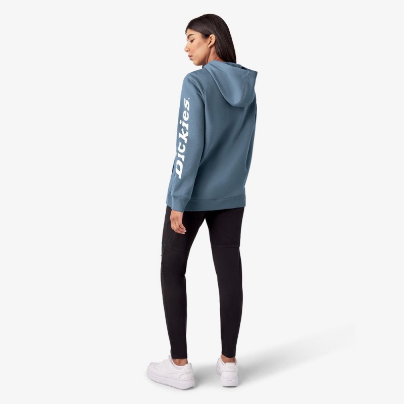 Women's Dickies Water Repellent Sleeve Logo Hoodie Blue | 681703VDG