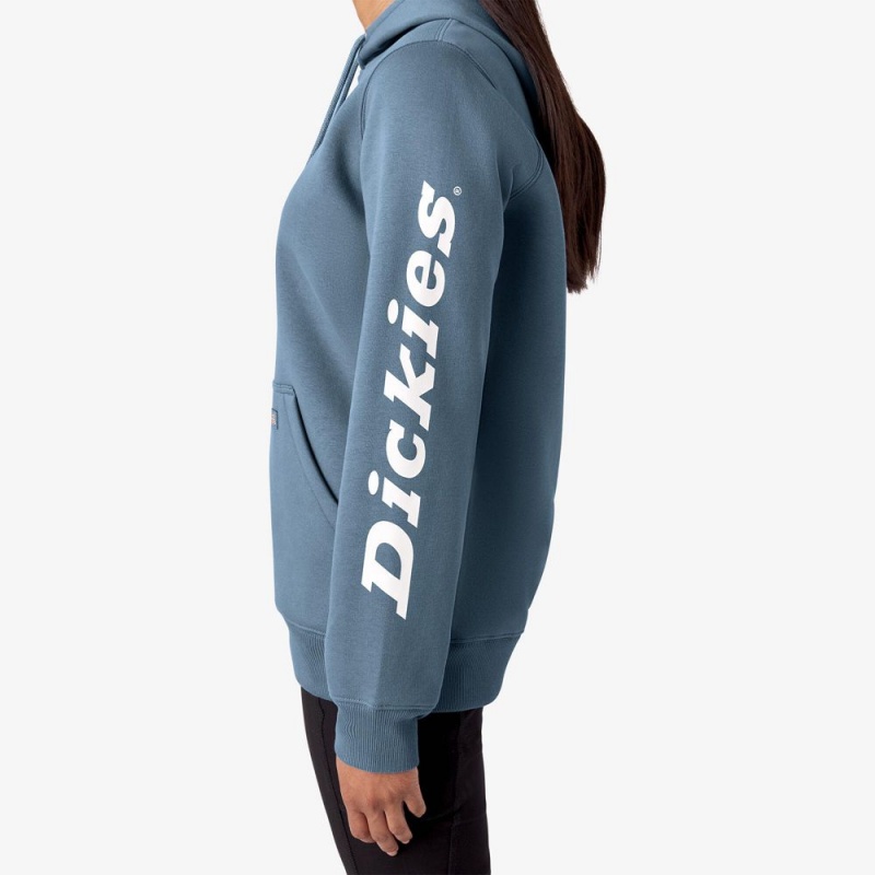 Women's Dickies Water Repellent Sleeve Logo Hoodie Blue | 681703VDG