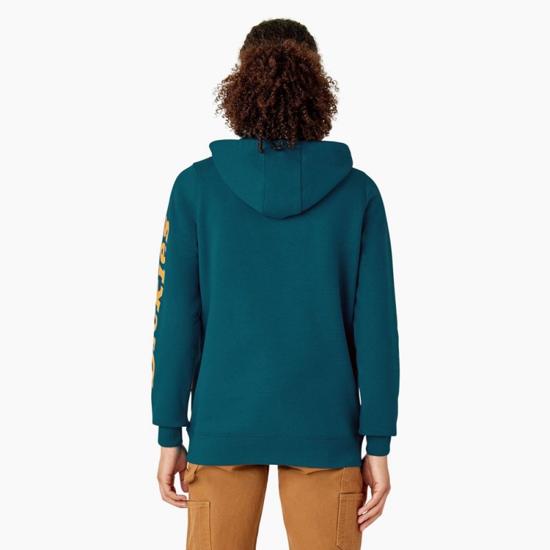 Women's Dickies Water Repellent Sleeve Logo Hoodie Blue | 281307NME