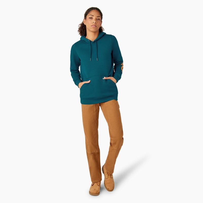 Women's Dickies Water Repellent Sleeve Logo Hoodie Blue | 281307NME