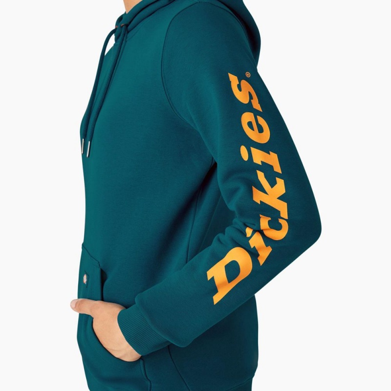 Women's Dickies Water Repellent Sleeve Logo Hoodie Blue | 281307NME